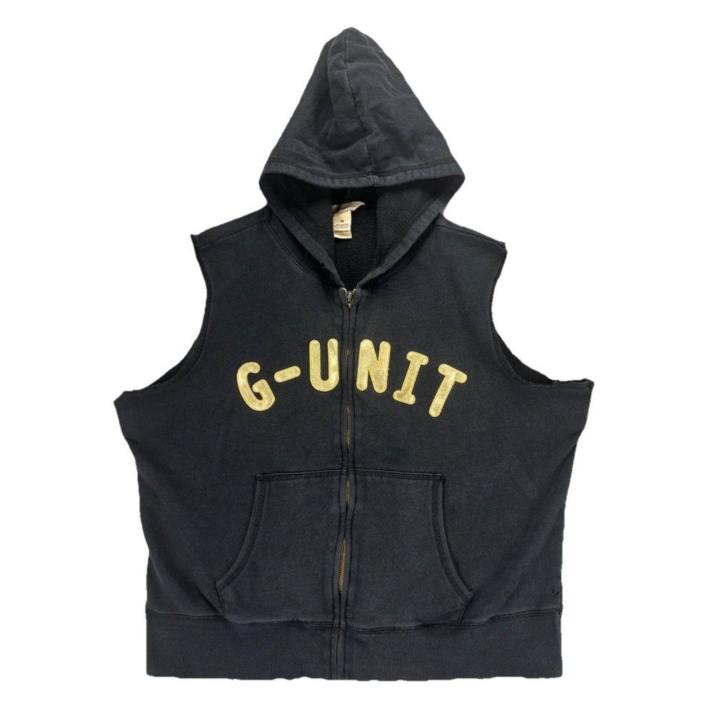 G-Unit 1X Black Sleeveless Zip Hoodie Vest Y2K 50 Cent Hip Hop Streetwear